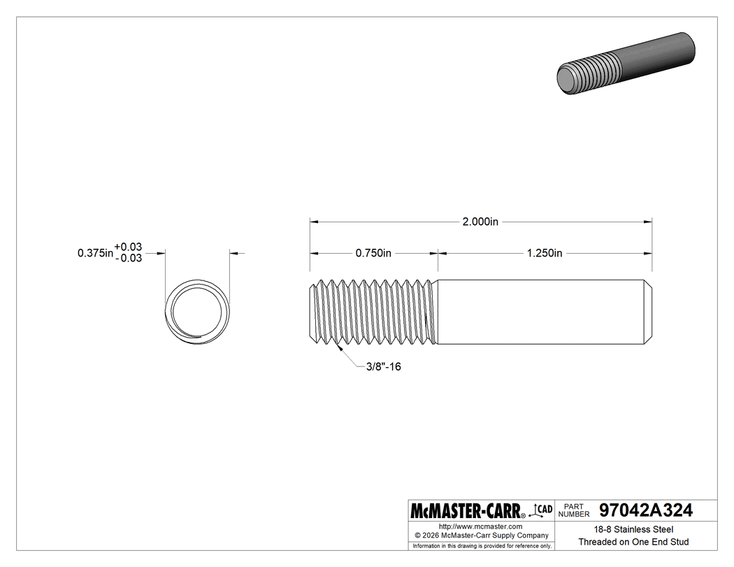 Technical Drawing of 18-8 Stainless Steel Threaded on One End Stud, 3/8"-16 Thread, 2" Long.